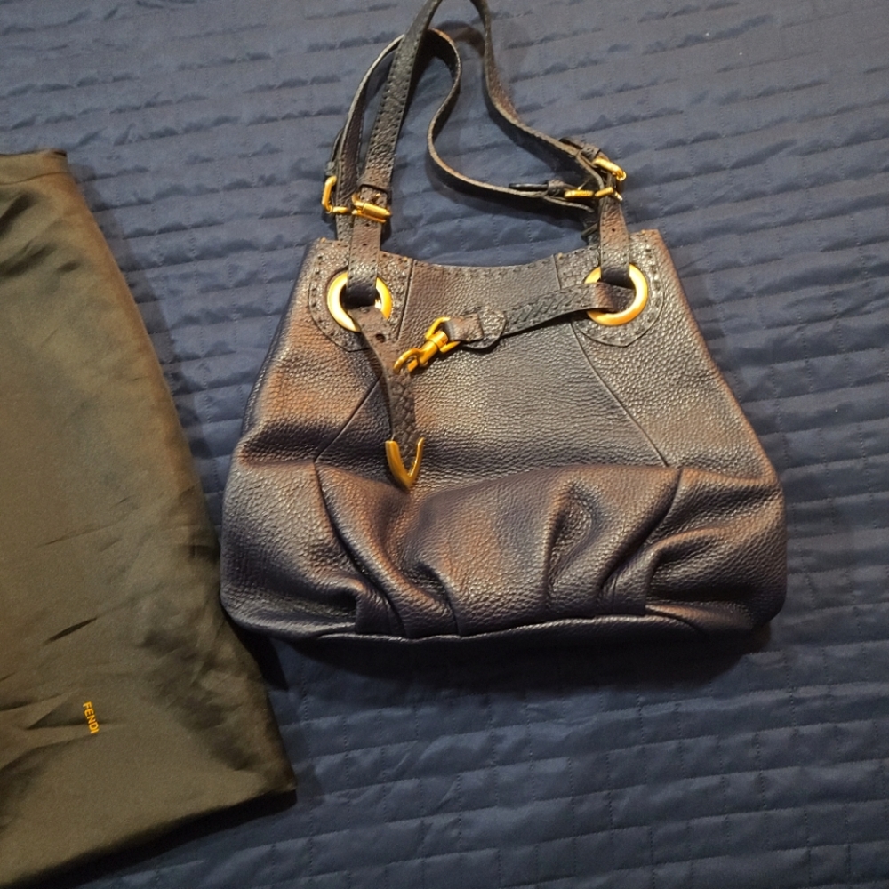 Fendi Selleria Pomodorina hand bag in Navy with gold hardware with dust bag